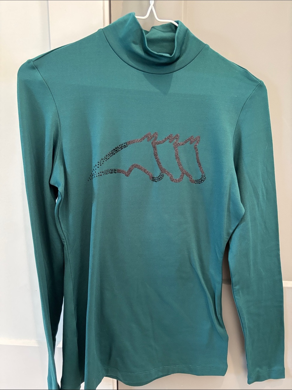 Equiline Women’s Teal Long Sleeve Turtleneck Top with Rhinestone Horses